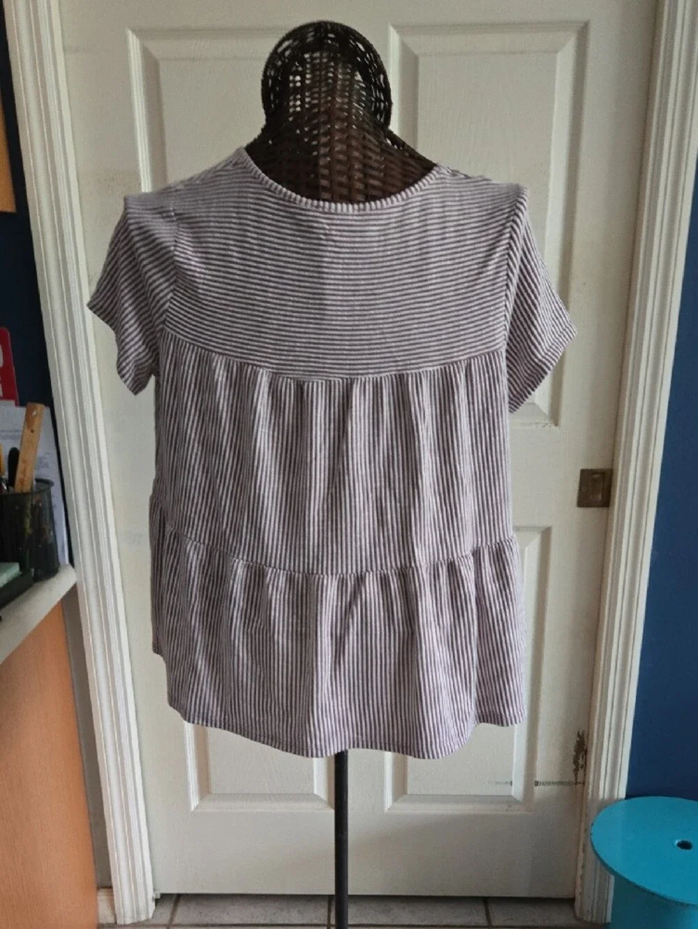 Exclusive One Striped Short-Sleeve Peplum Babydoll Top in Maroon Stripe-Size XL